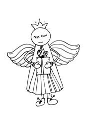 Christmas angel holding gift box, little girl. Vector illustration, children coloring book