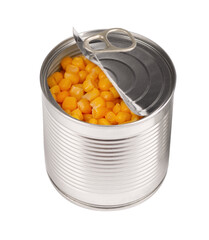 Canned sweet corn in metal cans, isolated on white background. Pickled corn.
