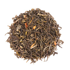 Green tea isolated on white background. Aromatic green dry tea, close up. Top view.