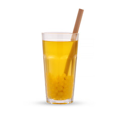 Yellow bubble tea with yellow tapioca pearls in glass beaker, isolated on white background.