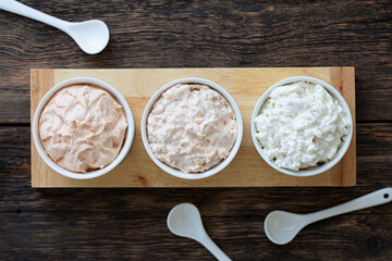 Various vegetarian cheese fillings for sandwiches, top view