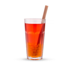 Red bubble tea with orange tapioca pearls in glass beaker, isolated on white background.