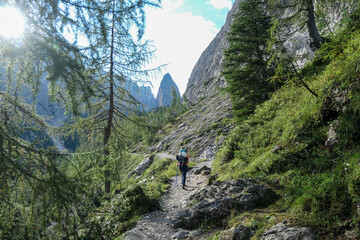 Fototapeta premium A woman with big hiking backpack hiking in high Italian Dolomites. There are many sharp peaks behind. She walks on a very narrow pathway. There are a few trees around. Sunny day. Outdoor exeercising