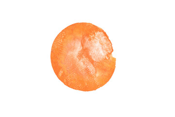 Orange spot on watercolor paper, ink drop. Abstract yellow spot on white.