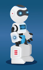 White robot vector illustration standing full length on blue background. Science machine in human body form with electronic computer control. Cyborg character alien humanoid with luminous elements