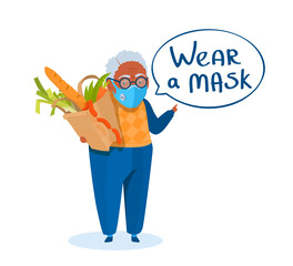 Grandfather buying food holds a paper bag of groceries at a supermarket during the coronavirus pandemic. A senior adult man says to wear a mask. A warning saying phrase about the mask.