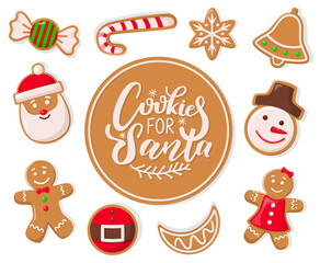 Cookie for Santa Claus candy lollipop with stripes stick vector. Snowflake and bell, gingerbread man, candy and snowman female in costume biscuits