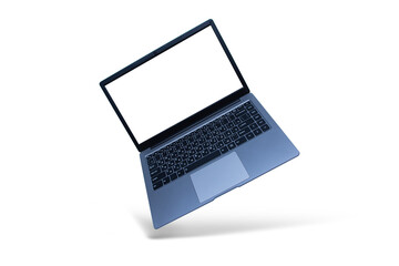 Slim modern laptop with white screen mockup on white background with shadow.