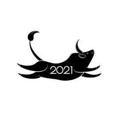 Silhouette of happy bull or cow. Chinese new year 2021.