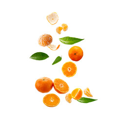 Fresh orange tangerines or mandarins fruits and leaves falling isolated on white background