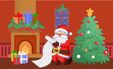 Merry Christmas happy New Year Santa Claus vector person at home reading list. Fireplace with presents, pine tree decoration xmas season house fir