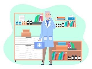 Veterinary care. Veterinarian doctor male character in the medical office. Doctor with suitcase in a medical room with special equipment, shelves with medicines. Elderly man in veterinarian clothes