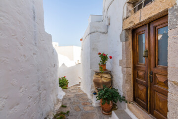 Colorful street of Chora Village in Patmos Island