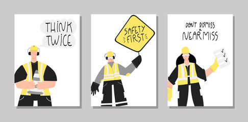 Collection of hand drawn posters with lettering about health and safety on production and construction industries. Set of posters - safety first, stay safe, live safe, think twice. Safety first quotes