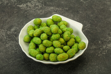 Spicy wasabi peanuts in the bowl