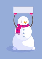 Snowman in scarf holding blank sign isolated on blue