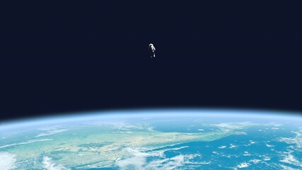 Lonely astronaut floating on Earth orbit, abandonment, mission failure, accident. 3d illustration. Space and universe exploration © Synthex