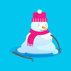 Melting snowman character in hat and scarf isolated on blue