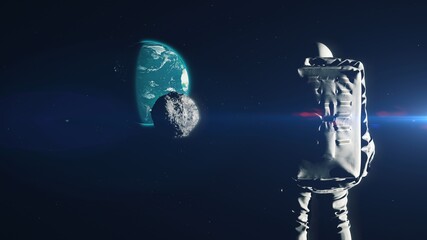 Lonely spaceman watches asteroid approaching Earth, catastrophe, extinction. 3d illustration. Space and universe exploration