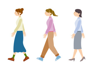 歩く若い女性のイラストセット