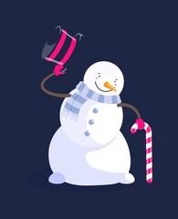 Snowman with candy cane tipping top hat isolated on black