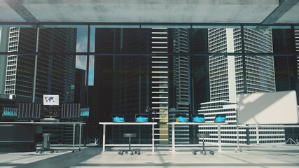 Office in business district, cityscape with skyscrapers. Business and finance. Business office with graphs and charts on computer screens, 3d illustration