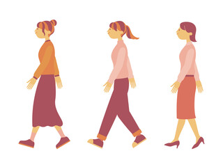 illustration set of walking young woman