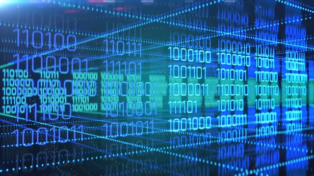 Strings of binary code on screen, generic hacking background, programming. 3d illustration. Numbers on blue background