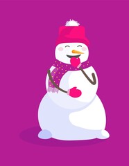 Laughing snowman character in hat and scarf on violet