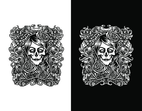 Girl sugar skull isolated on white background, isolated on black background