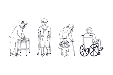 handicapped man with prosthesis on crutches with a backpack. a guy in a wheelchair. old grandmother in glasses. old grandfather with glasses and a beard on a walker 