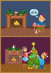 Boy and girl decorating Christmas tree with gift boxes near ornamented fireplace with burning woods. Child writing letter to Santa about bicycle vector