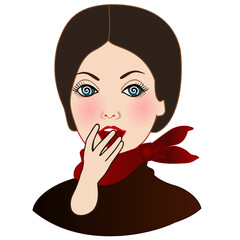 girl that is expressing overwhelming joy with hypnotized spiral eyes, simple colored emoticon, vector emoji in color, funny cartoon character from a set