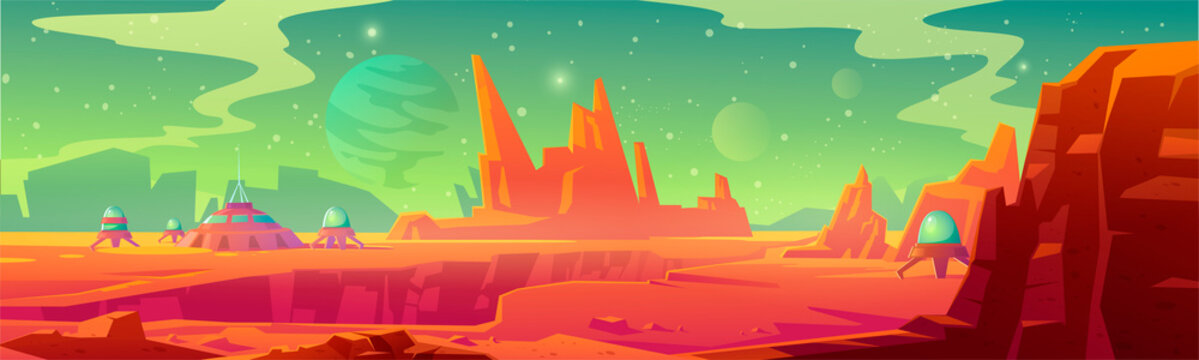 Landscape of Mars surface with colony base. Vector cartoon futuristic illustration of alien red planet surface with dome building, mountains, moon and stars in sky. Galaxy exploration and colonization