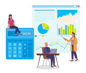Office meeting businesswomen discussing indicators. Woman makes a presentation to colleagues. Business people talking communication, discuss presentation graphs and charts count data on calculator