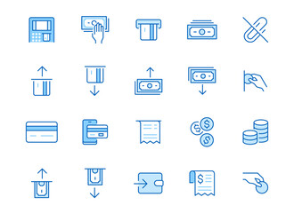 Atm machine line icon set. Withdraw money, deposit, hand taking cash, receipt minimal vector illustration. Simple outline signs for payment terminal application. Blue color, Editable Stroke