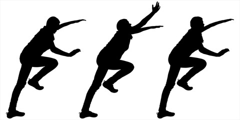 Climber climbs the slope. One person in three positions. Woman puts her foot up and pulls her arm up, helps herself up. Girl lends a helping hand, or asks for help. Black silhouette isolated on white.