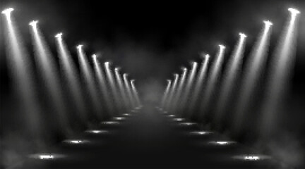 Spotlights background, glowing stage lights, white beams for red carpet award or gala concert. Empty illuminated way for presentation, runway with lamp rays with smoke for show, Realistic 3d vector © klyaksun