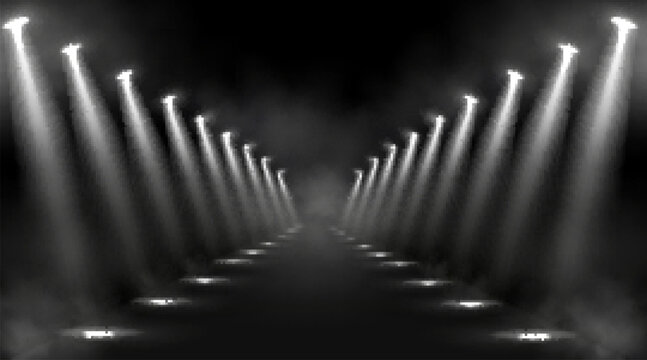 Spotlights background, glowing stage lights, white beams for red carpet award or gala concert. Empty illuminated way for presentation, runway with lamp rays with smoke for show, Realistic 3d vector