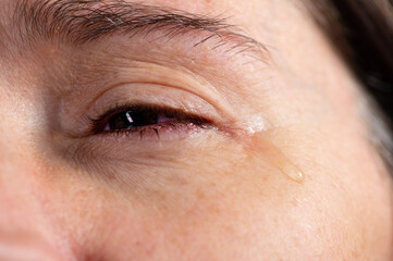 Sad woman crying, suffering pain eyes full of tears. Bullying and violence concept