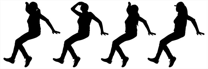 Women sitting behind each other. Girl with her hand up looks forward. Woman focuses on the subject. Girls are on vacation. Four silhouettes of the same person. Black silhouette is isolated on a white.