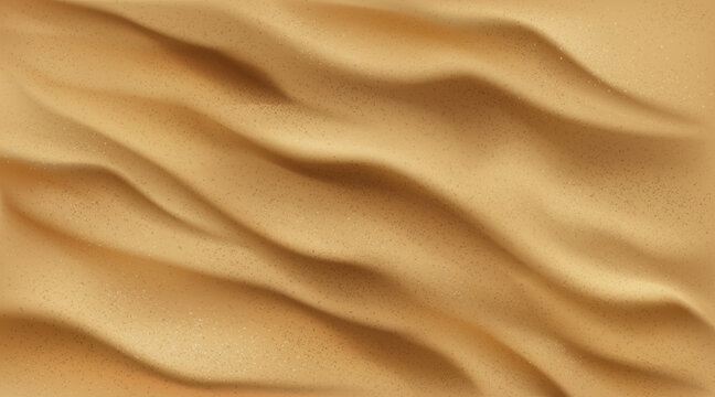 Sand background top view, desert or beach texture with golden sandy waves or dunes. Ocean or sea bottom, grainy abstract wallpaper or backdrop, nature, coastline. Realistic 3d vector illustration