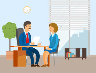People working in the office. Characters talking together. Positive communication of colleagues. People have a conversation. Girl interviewed by the director. Woman getting a job in the office