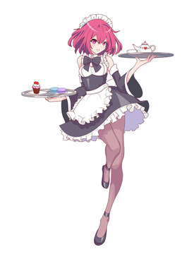 Anime manga girl dressed as a maid. Vector illustration. Waitress with a tray of sweets.