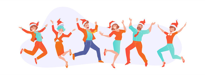 Office fun. Joyful business people in santa claus hats are jumping. Christmas in the office