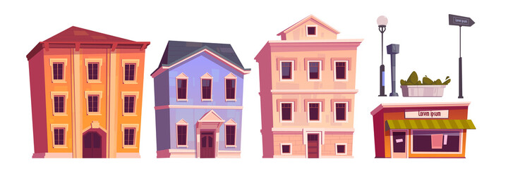 Retro buildings, town or city vintage house architecture. Dwelling construction, antique stone cottages front view, store with canopy, street lamps and plant. Housing exterior, cartoon vector set