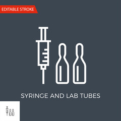 Syringe and Lab Tubes Thin Line Vector Icon. Flat Icon Isolated on the Black Background. Editable Stroke EPS file. Vector illustration.