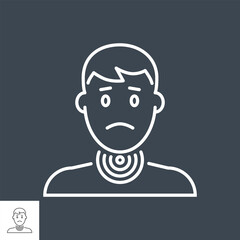 Sore Throat related vector thin line icon. Head of a man with a sore throat. Isolated on black background. Editable stroke. Vector illustration.