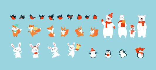 Christmas set of joyful forest animals. vector illustration