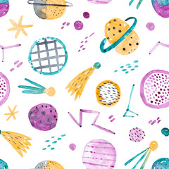 Cute repeating pattern of planets, stars, constellations and comets. Watercolor illustration.